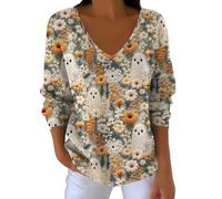 Uwdiohq T-Shirt À Manches Longues Et Rayures pour Femme Style Décontracté, Motif Citrouille, Automne Barboteuses Décontractées Femmes (Khaki, S) Pull Chic Elegant Sweater Hiver sous Col Roulé V