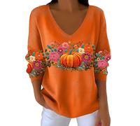 Uwdiohq T-Shirt À Manches Longues Et Rayures pour Femme Style Décontracté, Motif Citrouille, Automne Womens Sweaters Cardigan (Khaki, S) Pull Chic Elegant Hiver Col Roulé V Robe Sweats Capuche