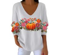 Uwdiohq T-Shirt À Manches Longues Et Rayures pour Femme Style Décontracté, Motif Citrouille, Automne Womens Sweaters Cardigan (White, L) Pulls Femmes Pull Cachemire Col Roulé V Robe Sweat sans