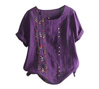 Uwdiohq T-Shirt D'Été Ample À Manches Courtes pour Femme Chemise Courte Chemisier Taille Femmes Bohème Brodé Plus Haut Grande Hauts Je suis Une Princesse Blouse Chic Et Élégant Tee Shirt Coton