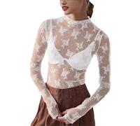 Uwdiohq Tee Shirt Femme Lace Long Sleeve Tops for Women Womens Mesh Top Thumb Hole See Through Pullover Blouses (White, M) Chemisier T-Shirt Manches Longues Chemise Chic Lilas Shirts UK Col