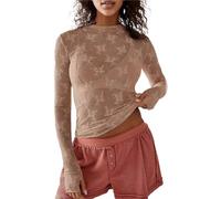 Uwdiohq Tee Shirt Femme Lace Long Sleeve Tops for Women Womens Mesh Top Thumb Hole See Through Pullover Blouses (Coffee, L) Chemisier Chic Et Élégant Haut Dentelle Chemise Blanche Manche Courte