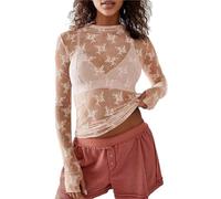 Uwdiohq Tee Shirt Femme Lace Long Sleeve Tops for Women Womens Mesh Top Thumb Hole See Through Pullover Blouses (A, XL) Chemisier Tunique Grande Taille Robe Chemise Fleuri Imprimé Ladies Xmas