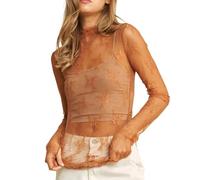 Uwdiohq Tee Shirt Sport Femme Top Long Sleeve Mock Neck Lace See Through Blouses (Coffee, S) Chemise Noel Mode Longue Grande Taille Chemisier Ladies Christmas Shirts Tshirt Manche Imprimé Blouse