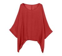 Uwdiohq Women's Fashionable and Casual Large Size Loose Cotton Nine Point Sleeve Top T Shirt Chemisier Bleu (Red, L) Chemisier Femme Manche 3/4 Tee Femme Manches Noir Chemise Hiver Robe Blanche