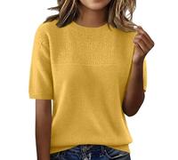 Uwdiohq Women's Short Sleeve Pullover Fashion Crew Neck Knitted Shirt Elegant Lightweight Spring Summer Chemises Manches Longues pour Femmes Pack Ajusté (Yellow, L) Blouse Femme Top Ete T-Shirt