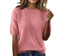 Uwdiohq Women's Short Sleeve Pullover Fashion Crew Neck Knitted Shirt Elegant Lightweight Spring Summer Chemises Manches Longues pour Femmes Pack Ajusté (Pink, L) Hauts Femme Chemise Chemisier