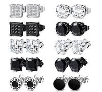 Uwiyo 10 Paires Boucle D'oreille Homme, Acier Inoxydable Zircone Cubique Ronde Clou Boucles d'oreille Faux Ecarteur Clous d'oreilles Faux Plugs Boucles d'oreilles pour Homme Femme (Noir, Argent-Set 1)