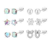 Uwiyo 6 Paires Boucles d'Oreilles pour Filles Enfants, Boucles d'oreilles Hypoallergéniques Boucle d'Oreille à Visser Acier Inoxydable CZ Fleur Papillon Cœurs Boucle d'Oreille Bijoux (Coloré+Argent)