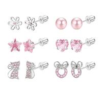 Uwiyo 6 Paires Boucles d'Oreilles pour Filles Enfants, Boucles d'oreilles Hypoallergéniques Boucle d'Oreille à Visser Acier Inoxydable CZ Fleur Papillon Cœurs Boucle d'Oreille Bijoux (Rosa)
