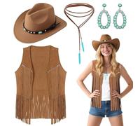UxClishe Lot de 4 accessoires de cowgirl occidentale pour femme, déguisement hippie des années 70 avec gilet à pompons, chapeau, boucles d'oreilles et colliers pour fête à thème rétro, Halloween