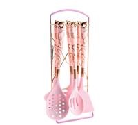 UXIYI 7pcs Ustensiles de Cuisine Set Ustensile de Cuisine en Silicone avec Support, Ensemble de spatule d'ustensiles de Cuisine, Serveur de pâtes, Selle de Soupe, Cuillère Solide,Rose