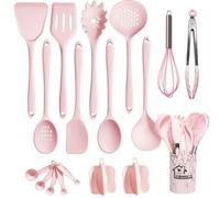 UXIYI Ensemble d'ustensiles en silicone Ustensiles de cuisine, 18pcs Ustensiles de cuisine Ensemble, y compris Turner Spatula Tong Cuillère Anti-Adhésif Résistant à la chaleur Gadgets de cuisson,Rose