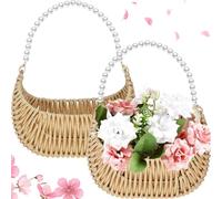 Uxsjakjsd Panier en Rotin pour Fille avec Anse en Perles - Lot de 2 Petits Paniers en Osier Demi-Lune pour Mariage, Pique-Nique, Jardin