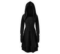 uxxnjfg Deguisement Femme Gothique Steampunk Couleur Unie Asymétrique Manches Longues Robe Bal de Promo Costumes de Scène Vintage Viking Renaissance Robe Medievale Femme Deguisement Adulte Noir M