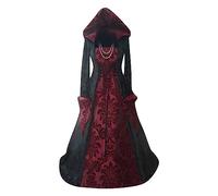uxxnjfg Gothique à Capuche Deguisement Femme Robe Bal de Promo Manche Cloche Costumes Vintage Viking Victorienne Renaissance Robe Medievale Femme Ceremonie Grande Taille Cruella Rouge M