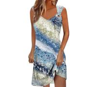 uxxnjfg Robe Boheme Femme, Robe Longue Femme Ete Robe Grande Taille Coton Femme sans Manches Robe Mi Longue Fluide Fleurie Femme Marque Col Rond Vetement Femme Ete Robe Bleu S