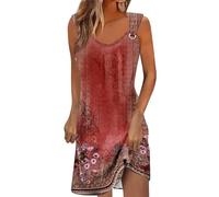 uxxnjfg Robe Été Femme, Robe Longue Boheme Coton Robe Boheme Fleurie Femme sans Manches Robe Grande Taille Col Rond Marque Femme Vetement Femme Ete Pas Cher Robe Rouge 3XL
