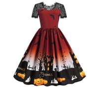 uxxnjfg Robe Femme Halloween Grande Taille Party - Robe Gothique Femme Chic Et Elegant Manches Longues Deguisement Vampire Sorciere Adulte Imprimée Vêtements Robes Col en V Cosplay(Rouge,L)