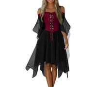 uxxnjfg Robe Halloween Pour Femme Pirate Gothique - Robe Medievale Femme Grande Taille Chic Et Elegant Vampire Costume Halloween Adulte Vintage Sorciere Déguisement Victorienne Vêtements(Vin,XXL)