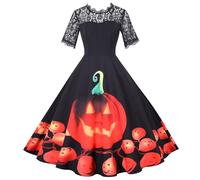uxxnjfg Robe Halloween pour Femme Sexy Cocktail - Robe Gothique Femme Chic Et Elegant Col en V Deguisement Princesse Vampire Adulte Imprimée Vêtements Robes Manches Longues Cosplay(Noir,XL)