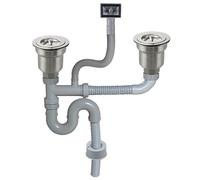 UYNAIT Siphon d'évier à double cuve + raccord de vidange Z8023C005+110+140 | Compatible avec double lavabo, siphon en P inclus, tuyau flexible, passoires en acier inoxydable, réglable de 250 à 550 mm