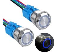 UYSSJTGAZ Lot de 2 interrupteurs à Bouton-Poussoir momentanés 19 mm, 12-24 V, Anneau LED, 1 NO, NF, réarmement Automatique, Marche/arrêt, boîtier métallique étanche, Prise for Fil(Blue,22mm)