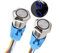 UYSSJTGAZ Lot de 2 interrupteurs à Bouton-Poussoir momentanés 19 mm, 12-24 V, Anneau LED, 1 NO, NF, réarmement Automatique, Marche/arrêt, boîtier métallique étanche, Prise for Fil(Blue,22mm (7/8"))