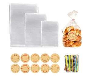 UYUYong 150 Pcs Bolsas Celofan Transparente Bolsitas para Chuches Cumpleaños Comunion con 150 Cintas Etiqueta Seguridad Alimenticia Bolsas de Plástico OPP para Galletas Dulces Snacks -3 Tamaños