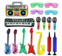 UYUYong 16 Pièces Instruments Gonflables Microphones de Guitare Gonflables Colorés Saxophone Piano Gonflable Basse Lunettes Radio Gonflables + Pompe à Air pour Célébrations Carnaval