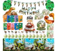 UYUYong 90 Pièces Dinosaure Kit Anniversaire avec Ballons Verts Décoration de Gâteau Serviettes Dinosaure Vaisselle Invitation Nappe Fanion Sac Cadeau Bannières Dino Ballon en Aluminium pour Fête Dino