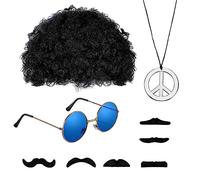 UYUYong Ensemble de Costume Hippie Rétro Déguisement Hippie Homme Femme 70s 80s Hippie Mode Afro Perruque Lunettes de Soleil Peace Chain Barbe pour Mode Thème Fête Carnaval