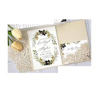 UZAMIRLEX Lot de Faire-Part de Mariage, Lot de 10 Cartes d'invitation de Mariage Multicolores à Faire soi-même, imprimables, à Trois Volets, Motif Floral(Gold,Cover and Envelope)