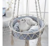 UzeEnde Hamac pour chat en macramé - Boho en corde de coton tissée à la main pour chat - Panier à suspendre pour fenêtre - Nid aérien pour dormir, se détendre, bronzer (coussin non inclus) (M (40 cm)