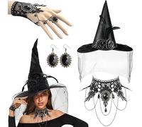UZNIYTR Chapeau De Sorcière D'halloween, 4Pcs Chapeau de sorcière, Chapeau De Sorcière Noir Avec Chauve souris,Accessoire De Déguisement De Sorcière Enfants Adultes Halloween Cosplay
