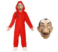 UZNIYTR Déguisement Combinaison Voleur Rouge, Costume de Carnaval, Enfant Combinaison Rouge à Capuche avec Masque pour Halloween Homme Femme Cosplay Combinaison de Voleur de Banque (130-140cm)