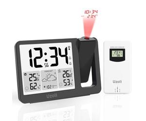 Uzoli EM3539E Réveil à Projection au Plafond avec Station météo, Horloge Radio-piloté, Projecteur Rotatif 180°, Température, Humidité, Prévisions météo, Niveaux de Confort, 1 capteur extérieur