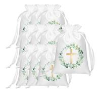 Uzztfa Lot de 10 Sacs Cadeaux De Baptême avec Cordon De Serrage, Pochettes Cadeaux Religieuses, Pochettes À Bonbons Bijoux en Croix pour Baptême, Première Communion, Fête
