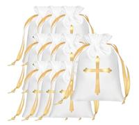 Uzztfa Lot de 10 Sacs Cadeaux De Baptême avec Cordon De Serrage, Pochettes Cadeaux Religieuses, Pochettes À Bonbons Bijoux en Croix pour Baptême, Première Communion, Fête