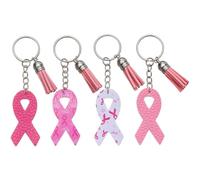 Uzztfa Lot De 4 Porte-clés De Sensibilisation Au Cancer du Sein en Cuir PU Rose avec Pompon Ruban, Breloques De pour Femmes