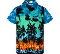 V.H.O. Funky Chemise hawaïenne à manches courtes, pour femme, avec poche avant, imprimée hawaïen, motif de plage et de palmiers, diverses couleurs, Turquoise, XL