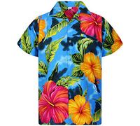 V.H.O. Funky Chemise Hawaienne, Big Flower, Bleu Clair, XL