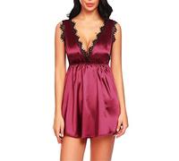 V Pyjamas charmants sous-vêtements robe de nuit décolleté sous-vêtements plus dentelle jarretière avec poche, Rose, S