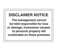 V Safety Disclaimer Notice - Responsibility Management Responsibility 300 x 200 mm - Panneau de sécurité en plastique rigide de 2 mm