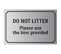 V Safety Do Not Litter, Please Use The Bins Provided 300 x 200 mm Vinyle autocollant Panneau de sécurité Effet aluminium