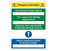 V Safety Emergency Information - Nearest Escape Route/Fire Fighting Equipment Is 300 x 400 mm - Panneau de sécurité en aluminium composite de 3 mm