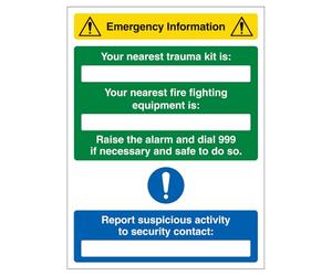 V Safety Emergency Information - Nearest Trauma Kit/Fire Equipment Is 300 x 400 mm - Panneau de sécurité en plastique rigide de 1 mm