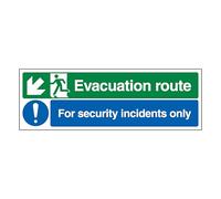 V Safety Evacuation Route Arrow Down Left/Security Incidents Only 450 x 150 mm - 1 mm Panneau de sécurité en plastique rigide
