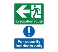 V Safety Evacuation Route Arrow Left/Security Incidents Only - Portrait 200 x 300 mm - Panneau de sécurité en plastique rigide de 1 mm