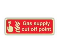 V Safety Gas Supply Cut Off Point Panneau Bouton poussoir 450 x 150 mm | Phosphorescent | Vinyle auto-adhésif triple lueur | Signalisation de sécurité incendie - Fabriqué en Grande-Bretagne